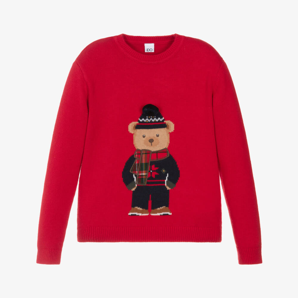 iDO-Boys Red Cotton & Wool Knit Bear Sweater with Pom-Pom | Childrensalon