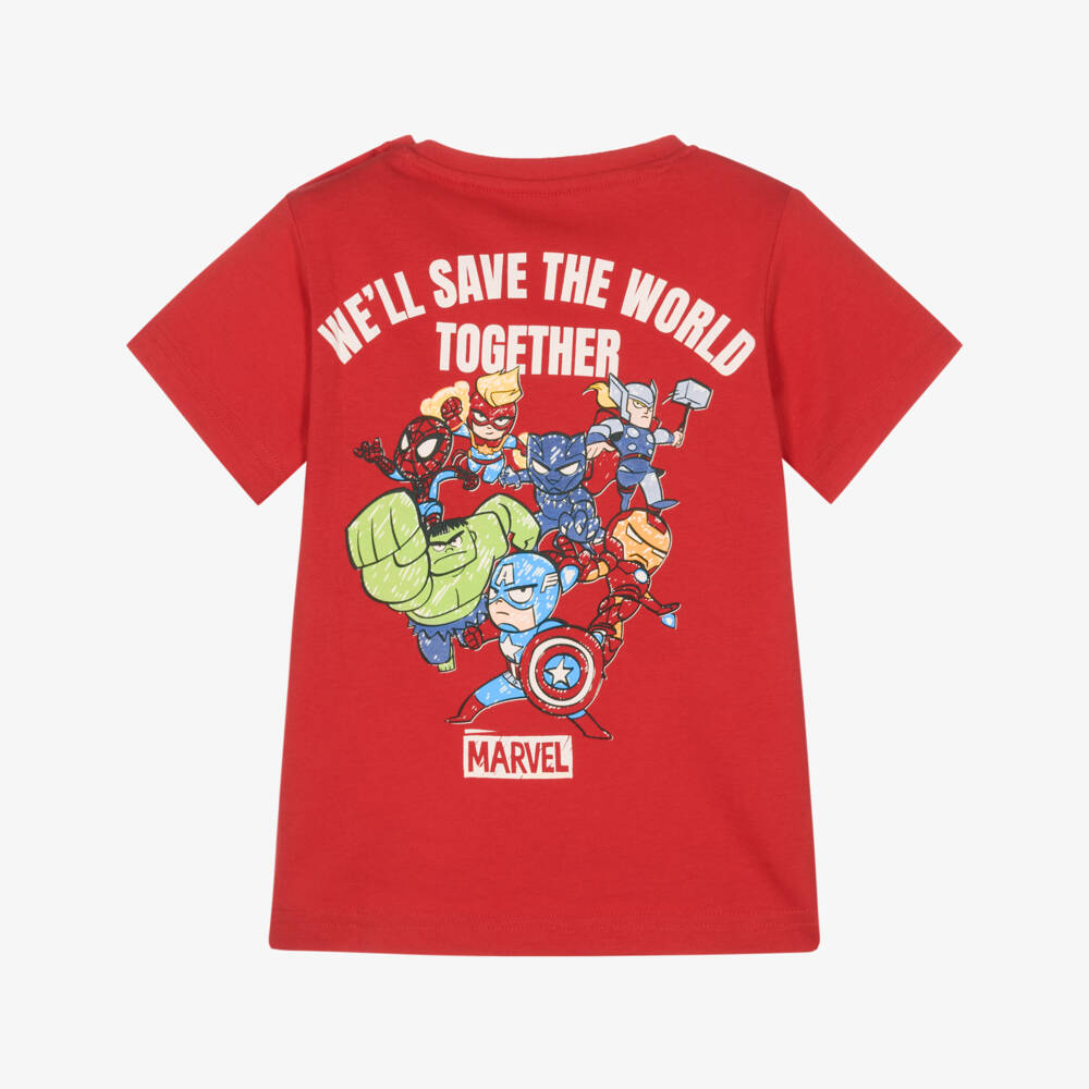 iDO-Boys Tomato Red Marvel T-Shirt with Superheroes | Childrensalon