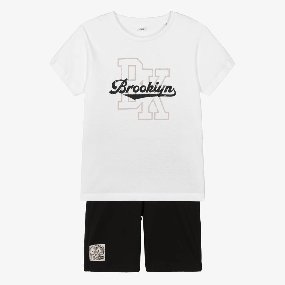 iDO-Boys White & Black Cotton Brooklyn Shorts Set | Childrensalon