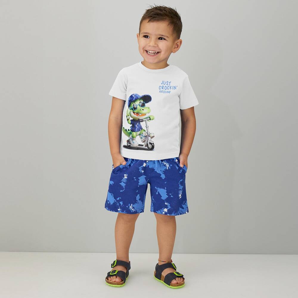 iDO-Boys White & Blue Crocodile Motif Shorts Set | Childrensalon