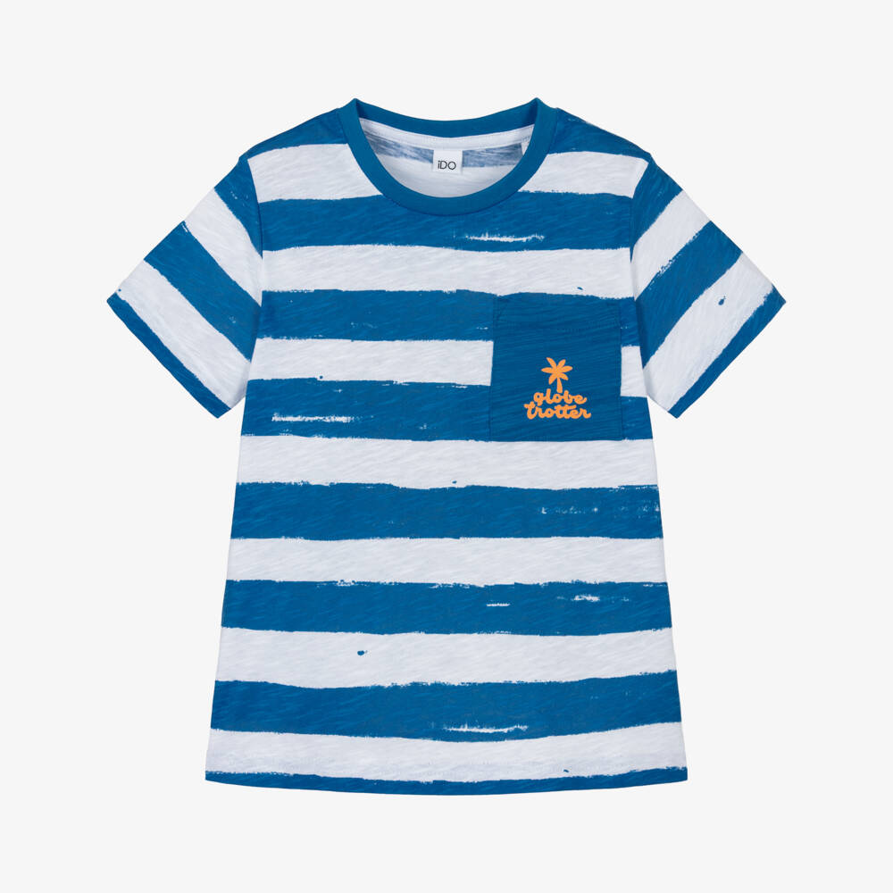iDO-Boys White & Blue Striped Cotton T-Shirt | Childrensalon