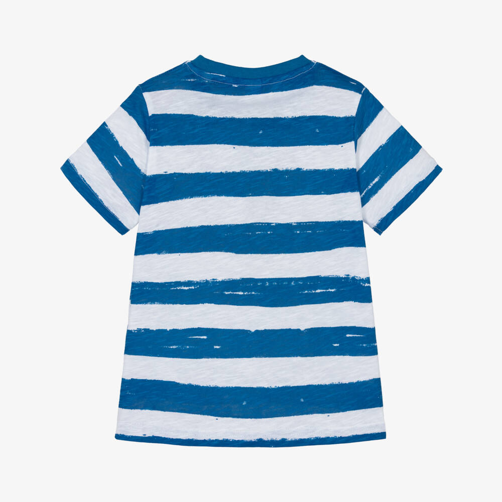 iDO-Boys White & Blue Striped Cotton T-Shirt | Childrensalon