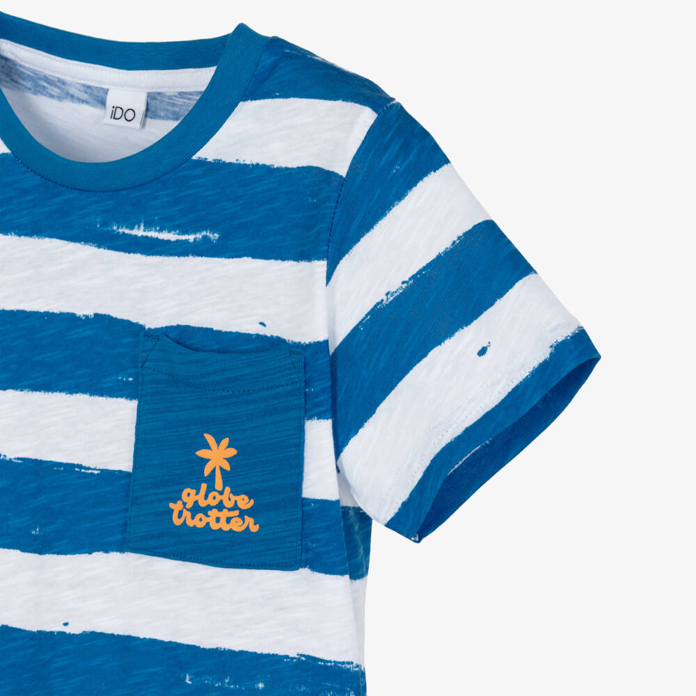 iDO-Boys White & Blue Striped Cotton T-Shirt | Childrensalon