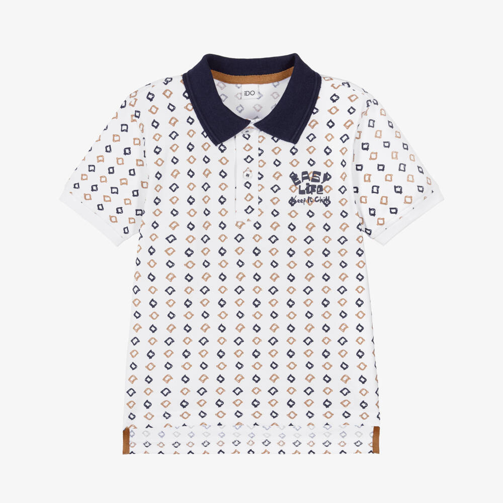 iDO-Boys White Cotton Piqué Polo Shirt with Geometric Pattern | Childrensalon