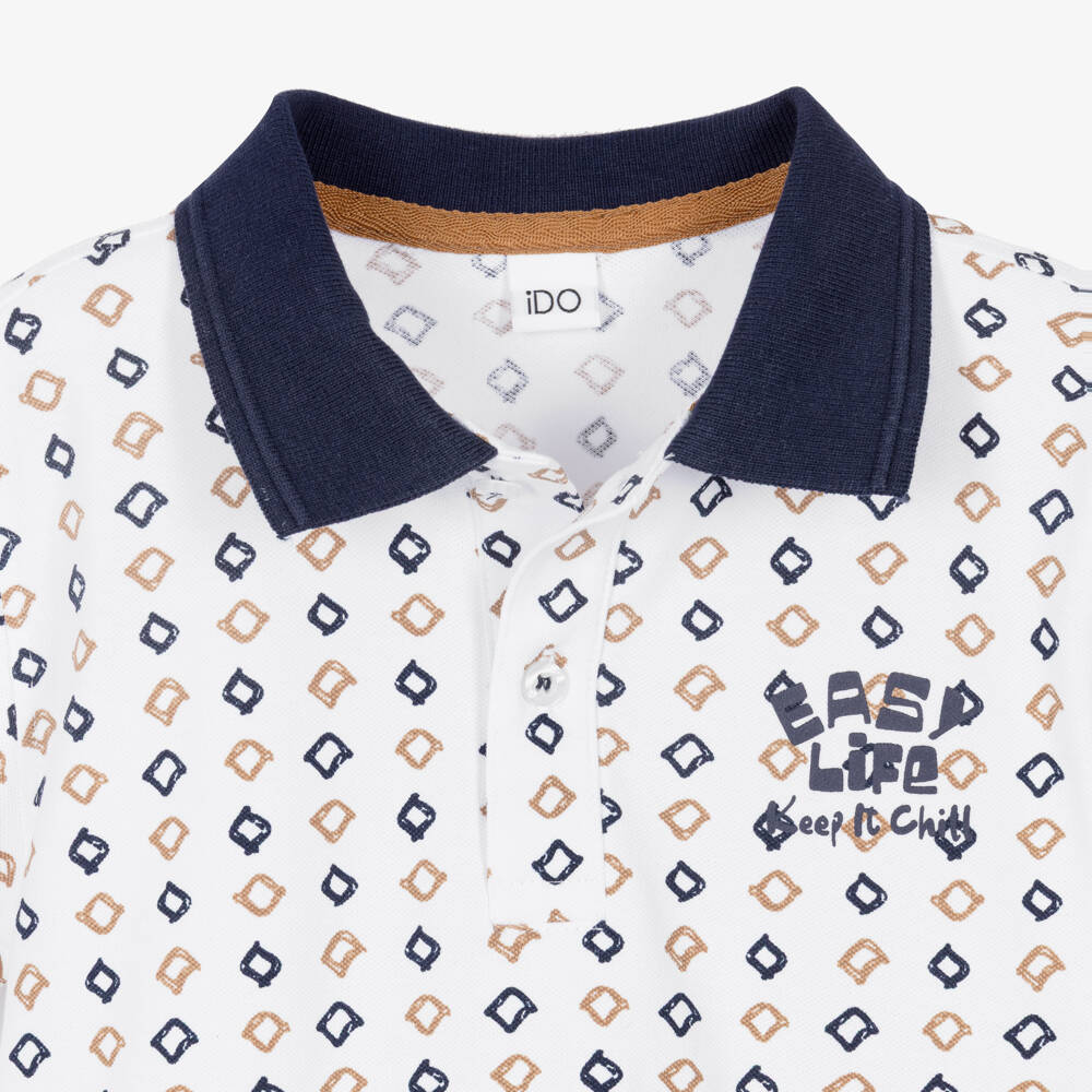 iDO-Boys White Cotton Piqué Polo Shirt with Geometric Pattern | Childrensalon