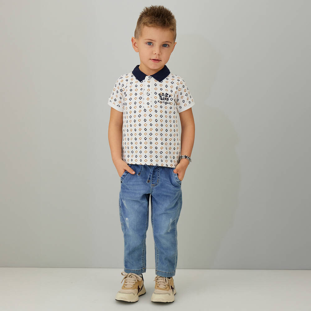 iDO-Boys White Cotton Piqué Polo Shirt with Geometric Pattern | Childrensalon