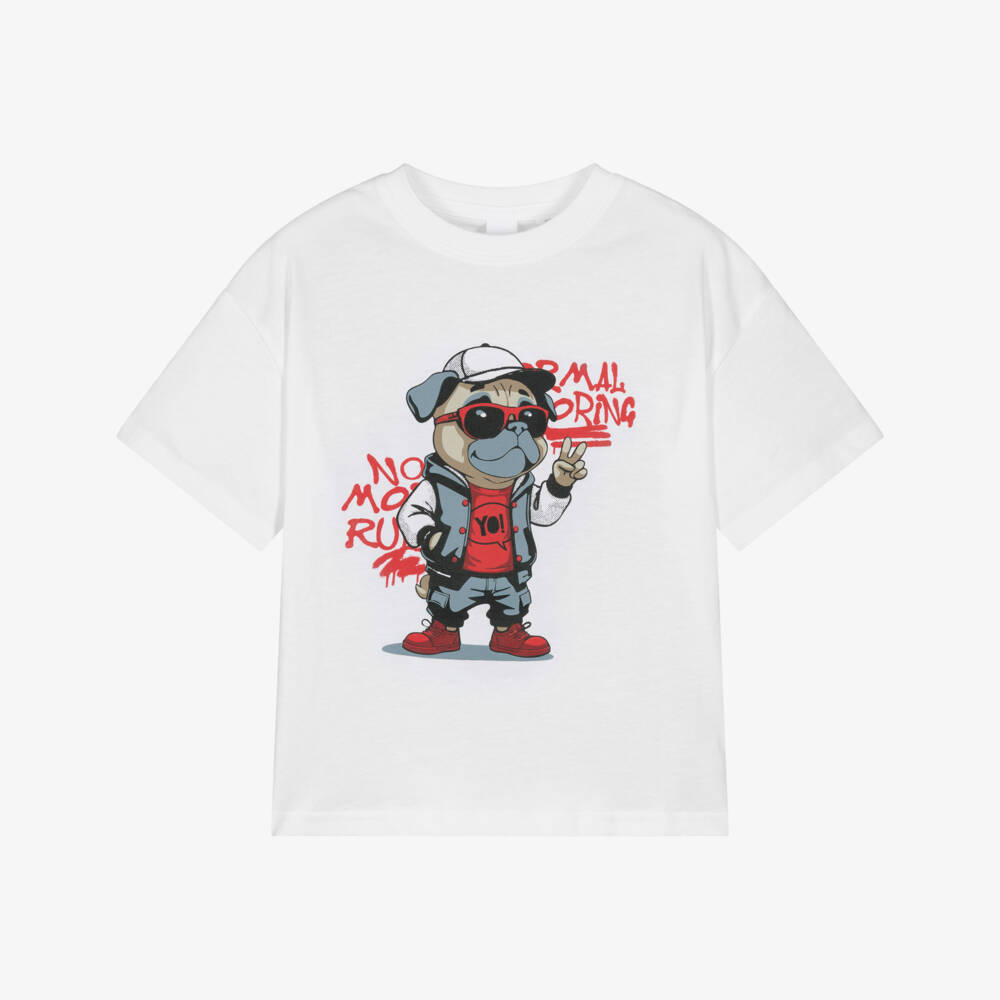 iDO-Boys White Cotton T-Shirt with Cool Dog Graphic | Childrensalon
