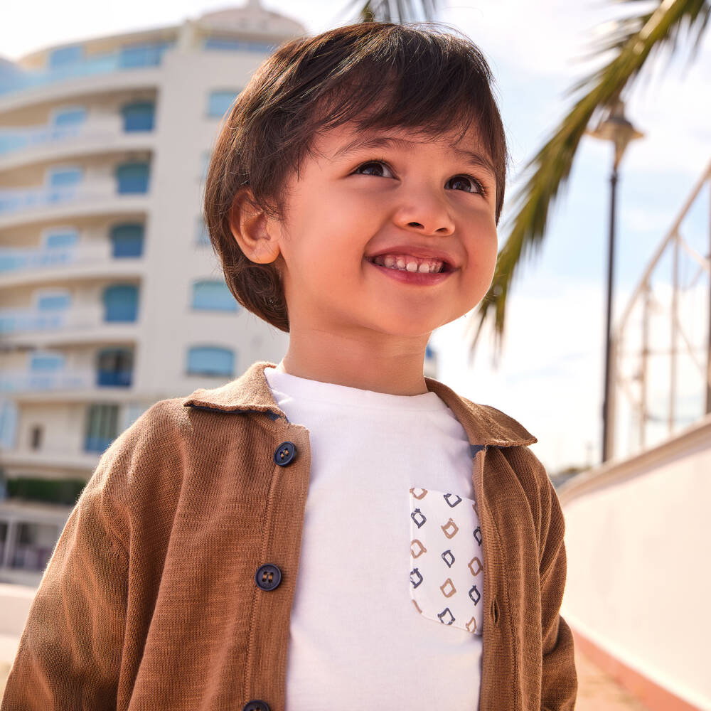 iDO-Boys White Cotton T-Shirt with Patterned Pocket | Childrensalon