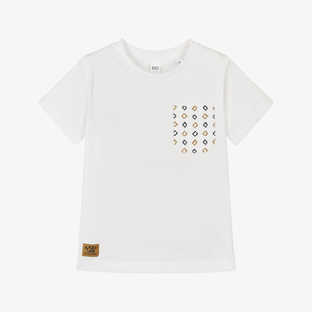 iDO-Boys White Cotton T-Shirt with Patterned Pocket | Childrensalon