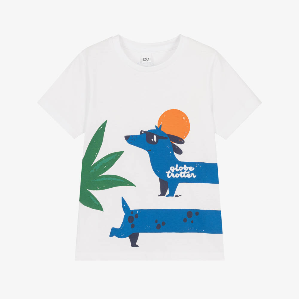 iDO-Boys White Cotton T-Shirt with Sausage Dog Graphic | Childrensalon