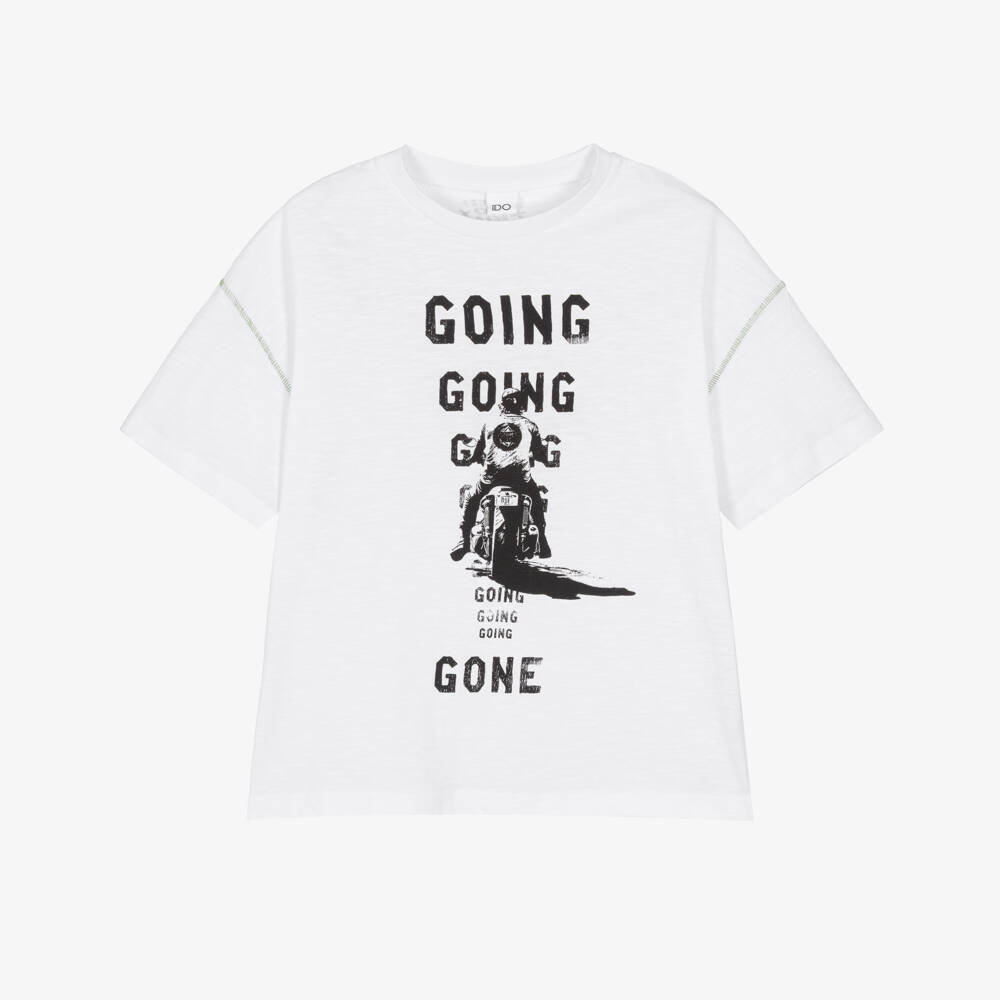 iDO-Boys White Slubbed Cotton T-Shirt with Biker Graphic | Childrensalon