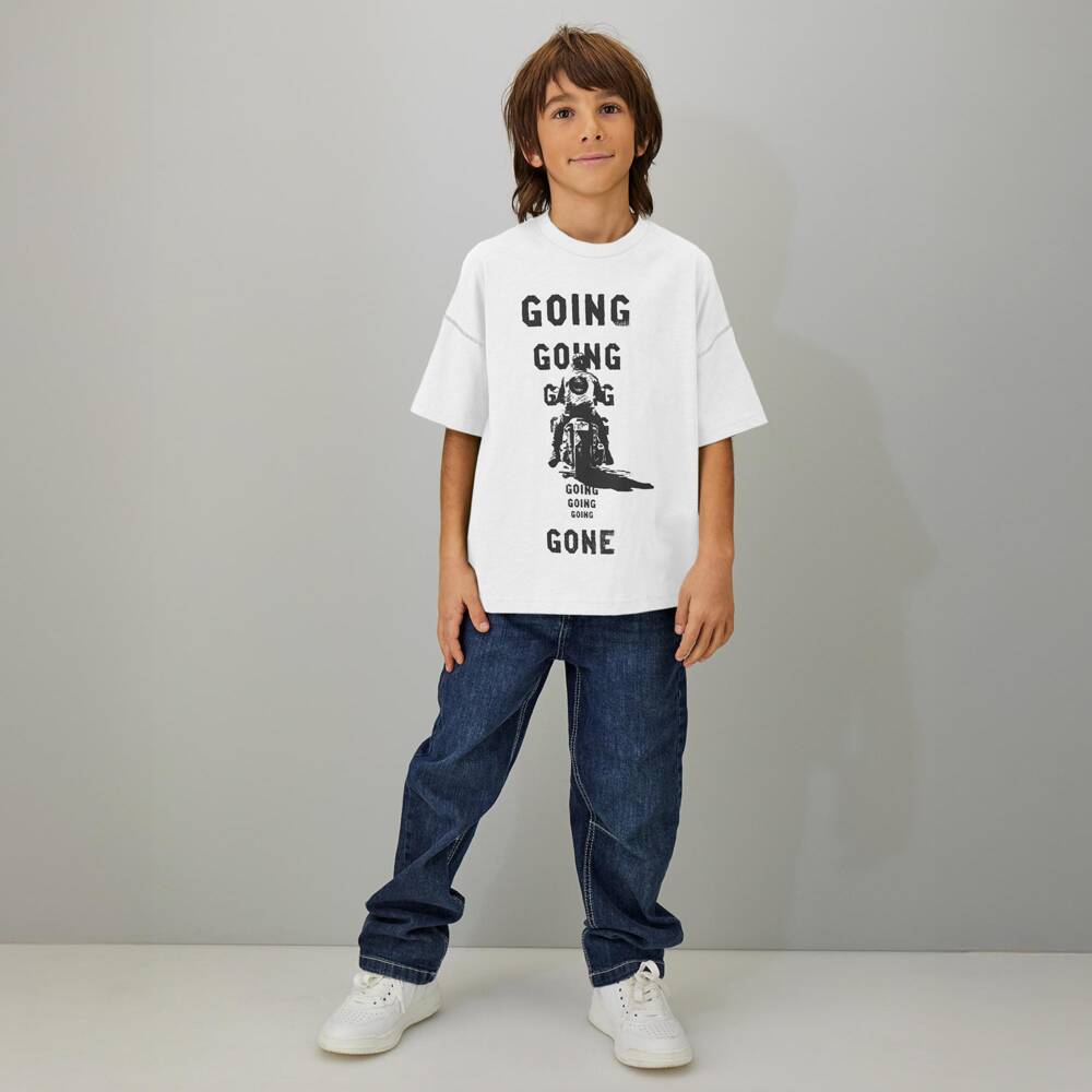 iDO-Boys White Slubbed Cotton T-Shirt with Biker Graphic | Childrensalon