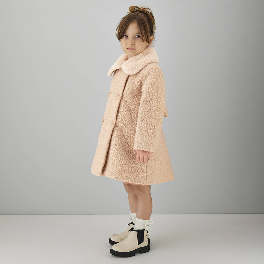 iDO-Girls Beige Bouclé Coat Faux Fur Collar | Childrensalon
