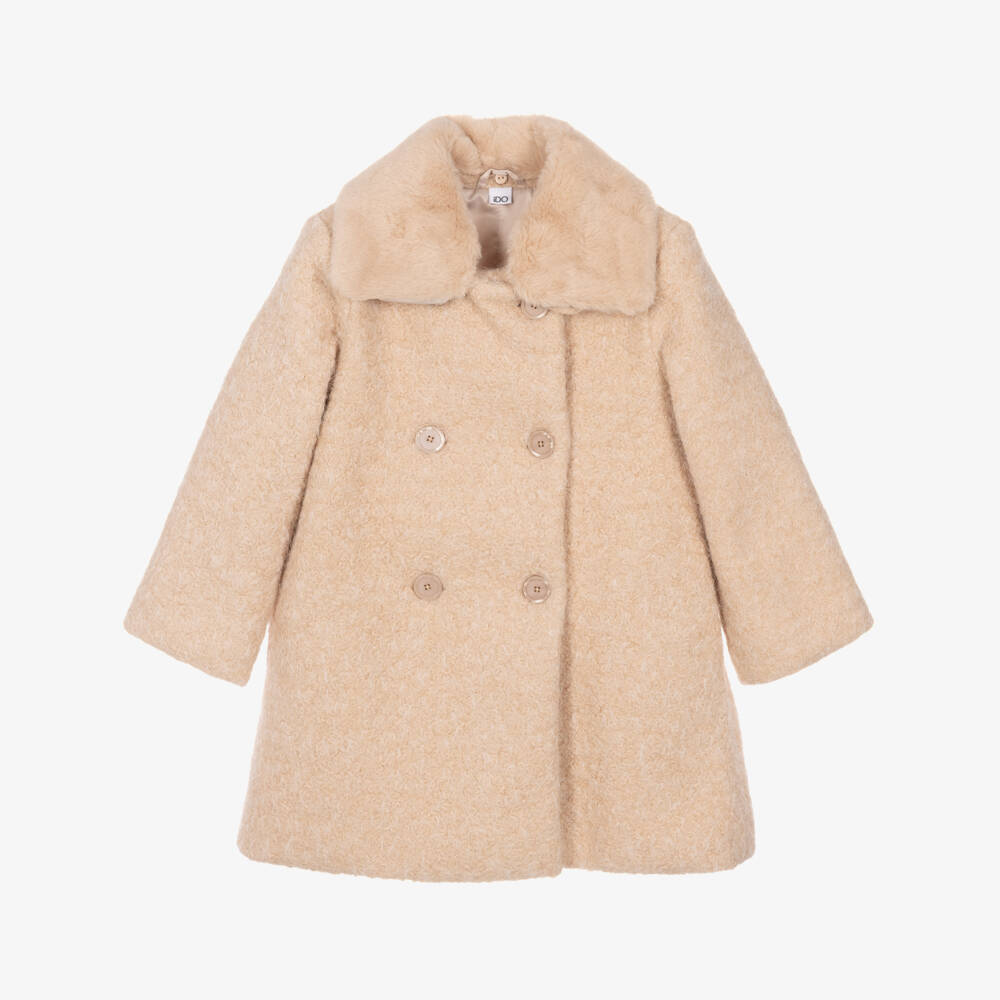 iDO-Girls Beige Bouclé Coat Faux Fur Collar | Childrensalon
