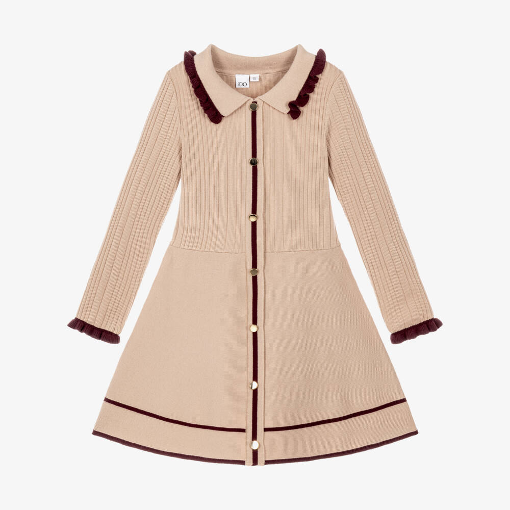 iDO-Girls Beige & Burgundy Fit & Flare Knitted Dress | Childrensalon