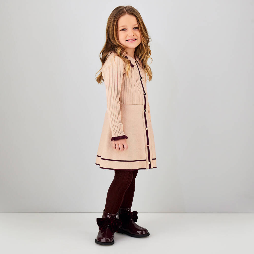 iDO-Girls Beige & Burgundy Fit & Flare Knitted Dress | Childrensalon