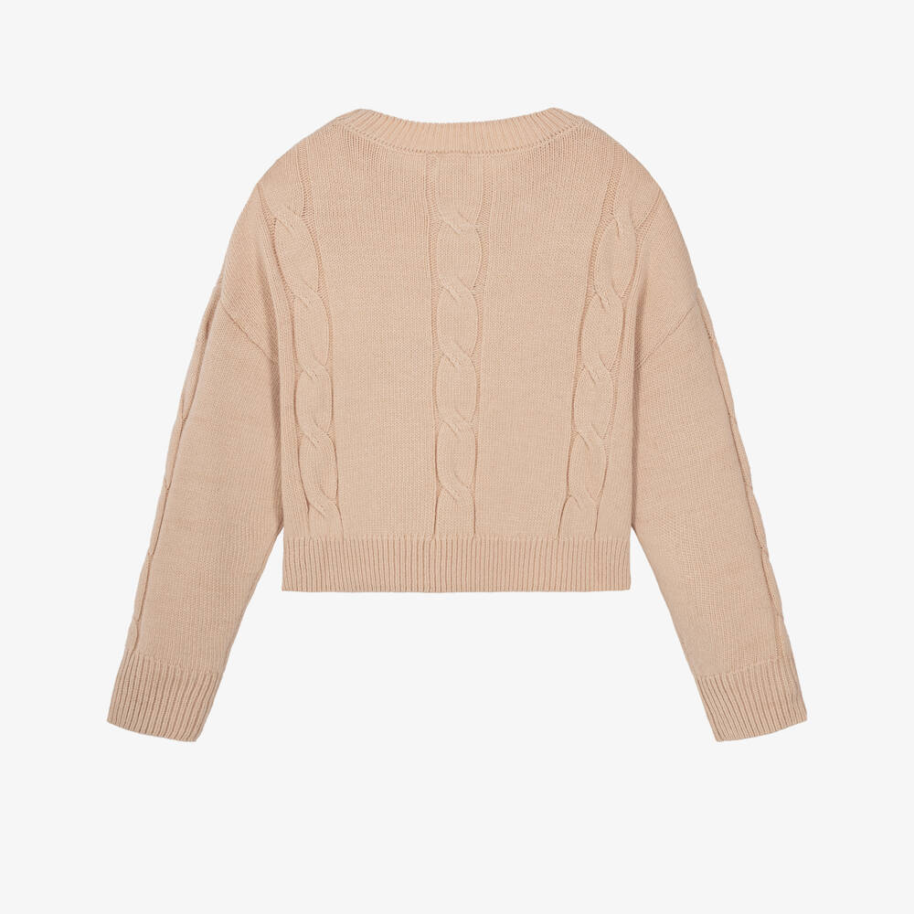 iDO-Girls Beige Cable Knit Sweater with Rhinestones | Childrensalon