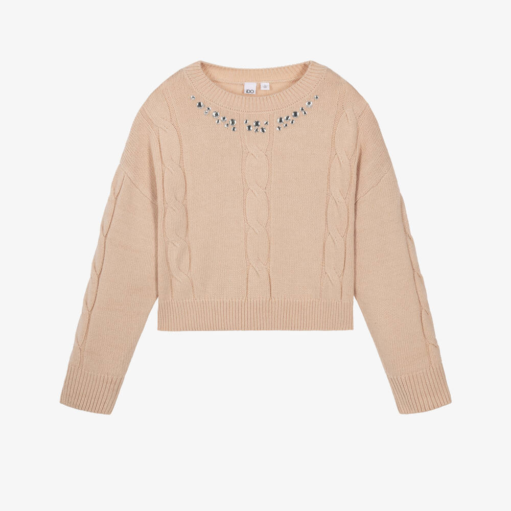 iDO-Girls Beige Cable Knit Sweater with Rhinestones | Childrensalon
