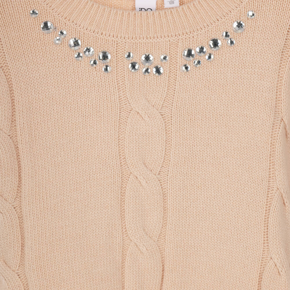 iDO-Girls Beige Cable Knit Sweater with Rhinestones | Childrensalon