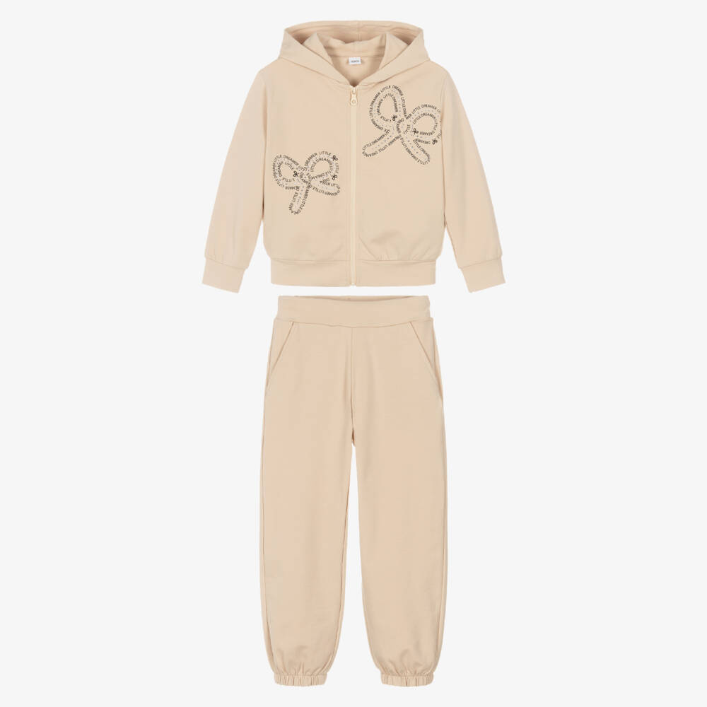 iDO-Girls Beige Cotton Bow Design Tracksuit | Childrensalon
