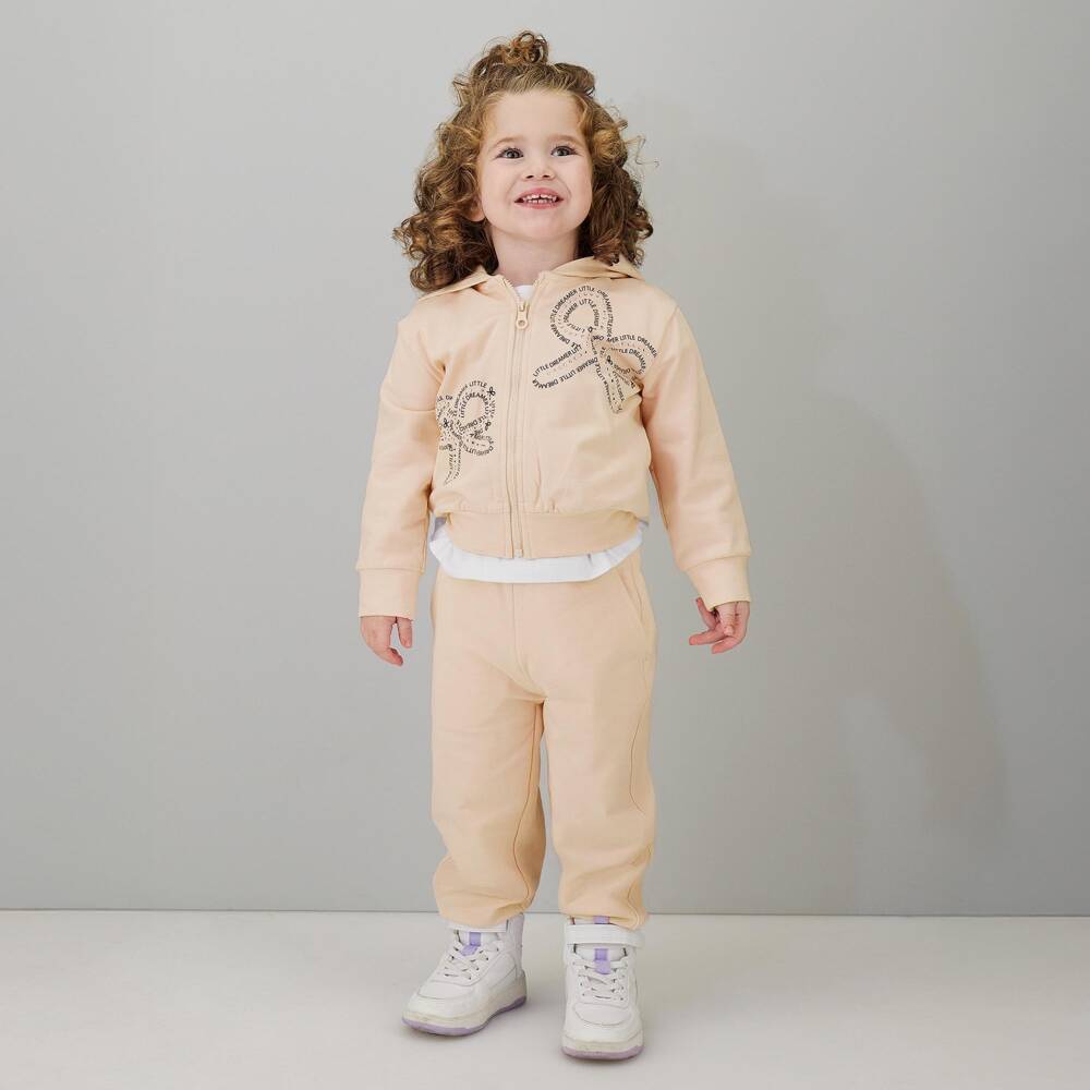iDO-Girls Beige Cotton Bow Design Tracksuit | Childrensalon