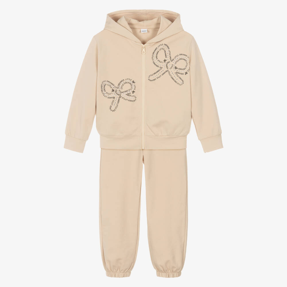 iDO-Girls Beige Cotton Bow Design Tracksuit | Childrensalon