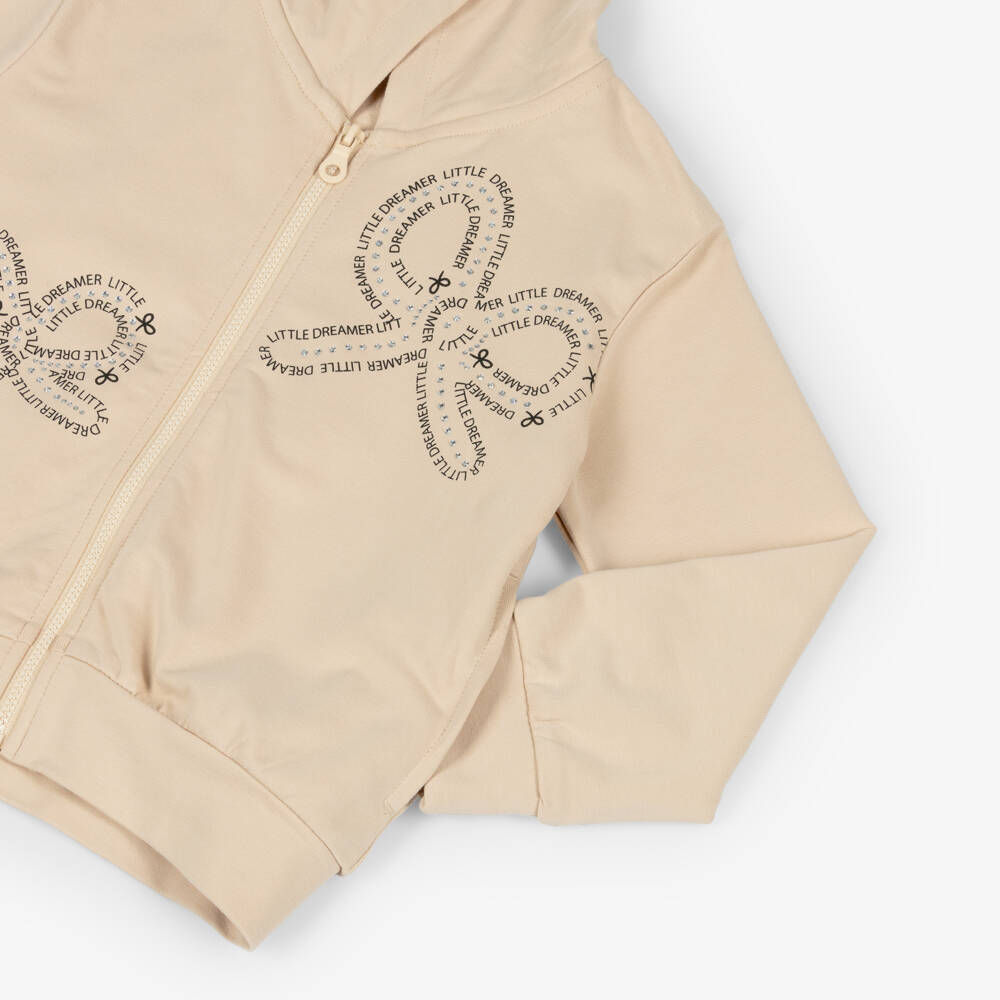 iDO-Girls Beige Cotton Bow Design Tracksuit | Childrensalon