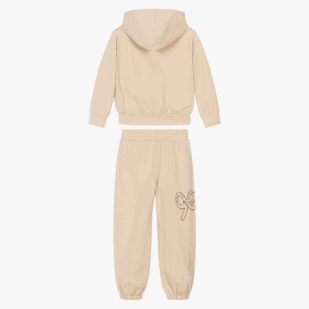 iDO-Girls Beige Cotton Bow Design Tracksuit | Childrensalon