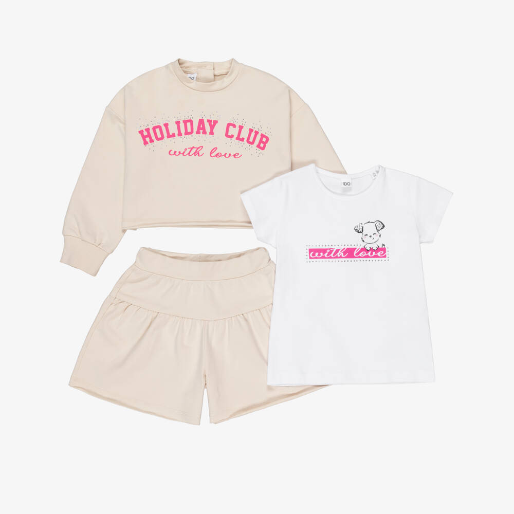 iDO-Girls Beige Cotton Jersey Shorts Set with White T-Shirt | Childrensalon