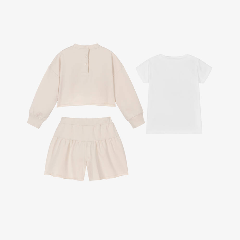 iDO-Girls Beige Cotton Jersey Shorts Set with White T-Shirt | Childrensalon