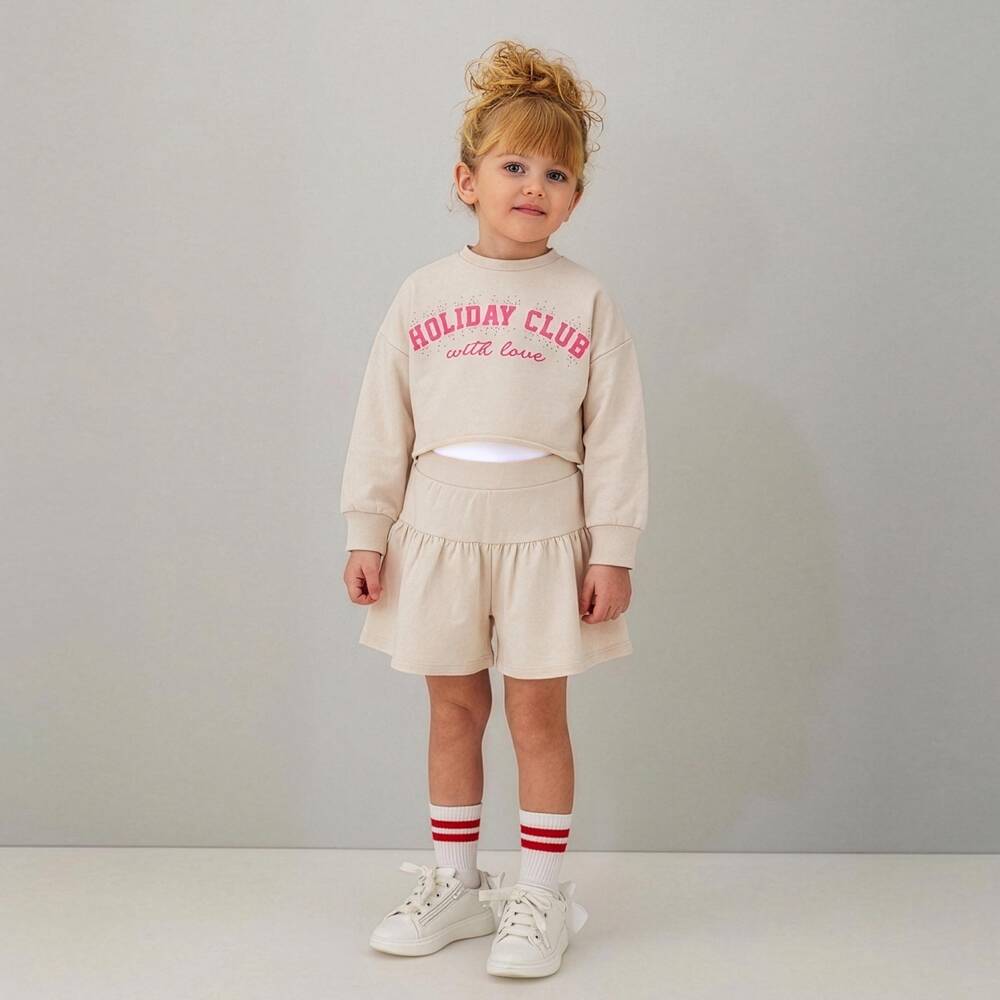 iDO-Girls Beige Cotton Jersey Shorts Set with White T-Shirt | Childrensalon