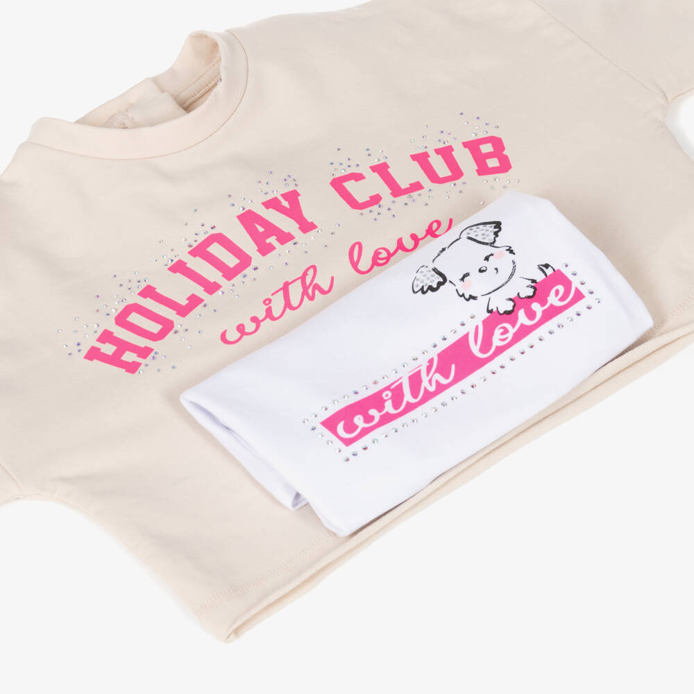 iDO-Girls Beige Cotton Jersey Shorts Set with White T-Shirt | Childrensalon