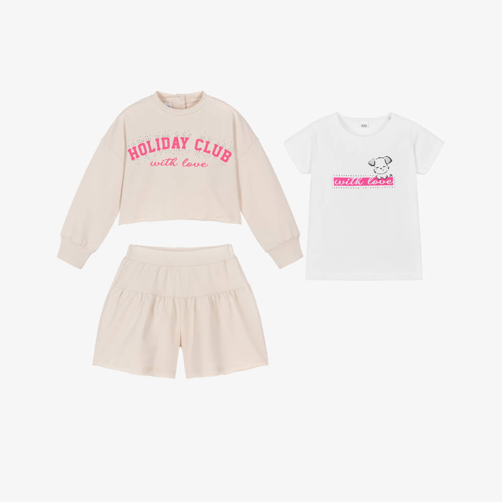 iDO-Girls Beige Cotton Jersey Shorts Set with White T-Shirt | Childrensalon