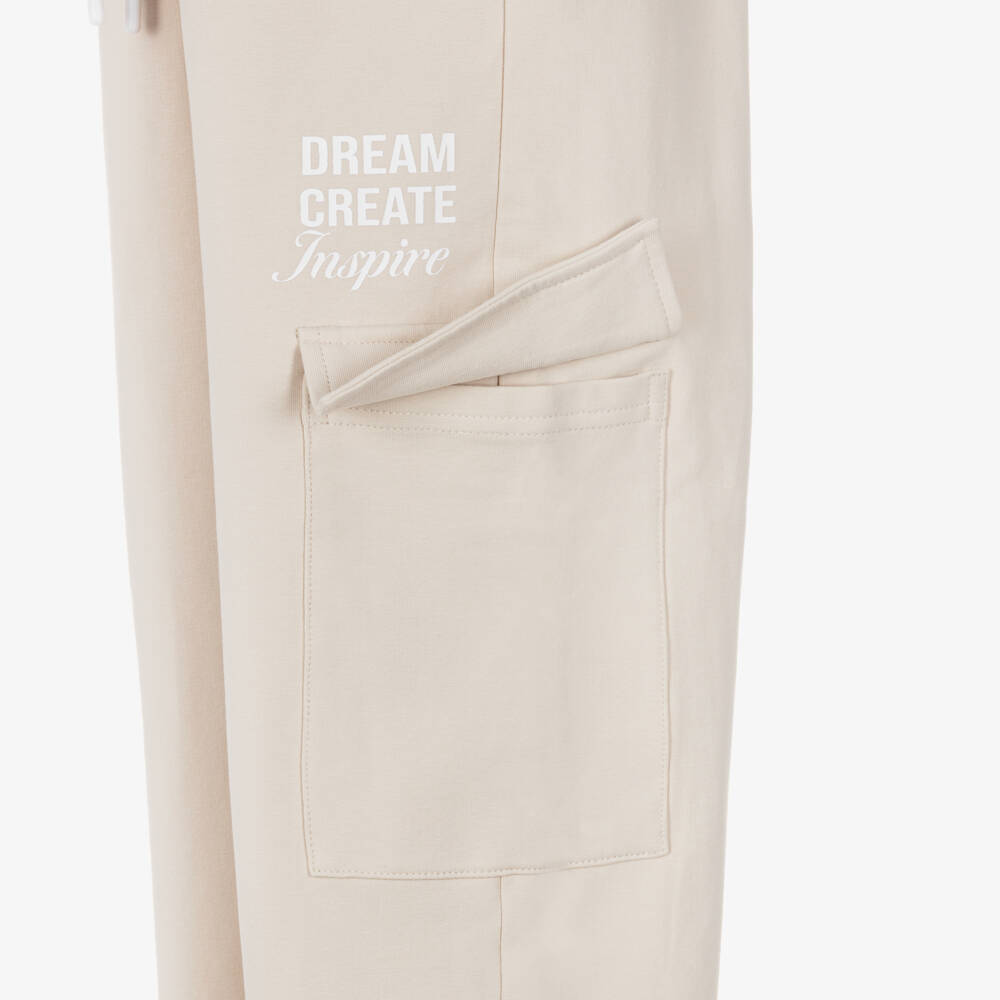 iDO-Girls Beige Cotton Jersey Wide-Leg Cargo Joggers | Childrensalon