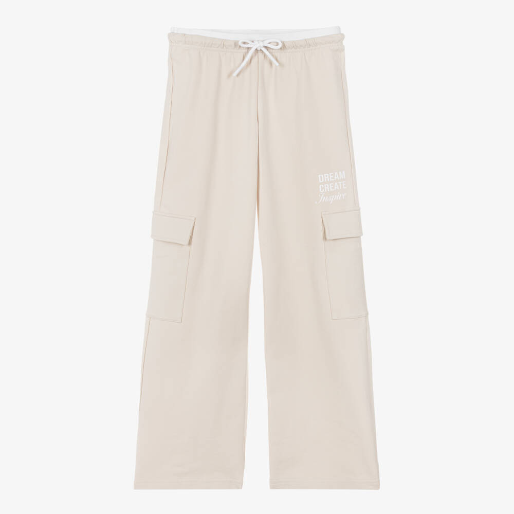 iDO-Girls Beige Cotton Jersey Wide-Leg Cargo Joggers | Childrensalon