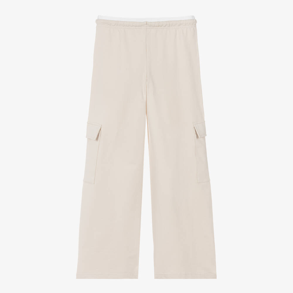 iDO-Girls Beige Cotton Jersey Wide-Leg Cargo Joggers | Childrensalon