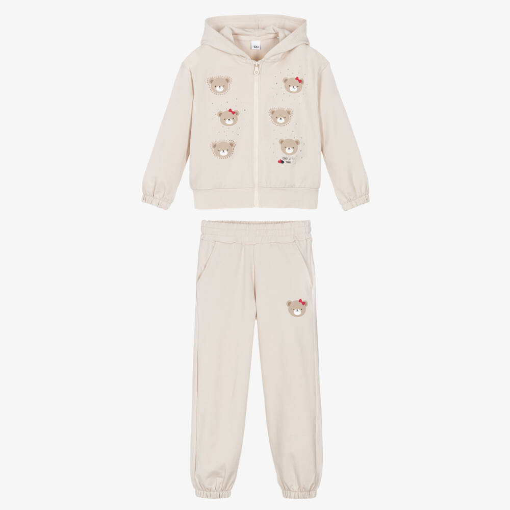 iDO-Girls Beige Cotton Teddy Bears Tracksuit | Childrensalon