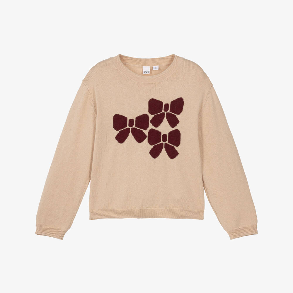 iDO-Girls Beige Knitted Bow Sweater | Childrensalon