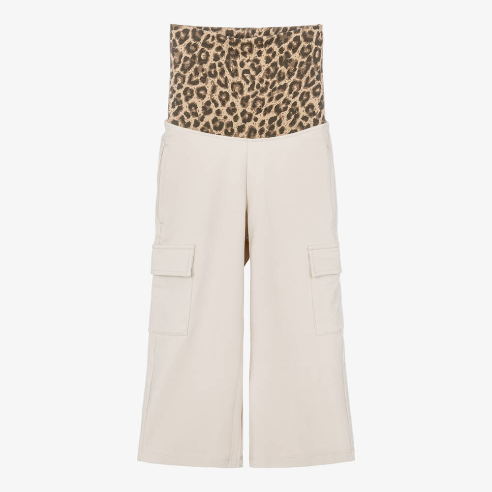 iDO-Girls Beige & Leopard Print Wide-leg Cargo Joggers | Childrensalon