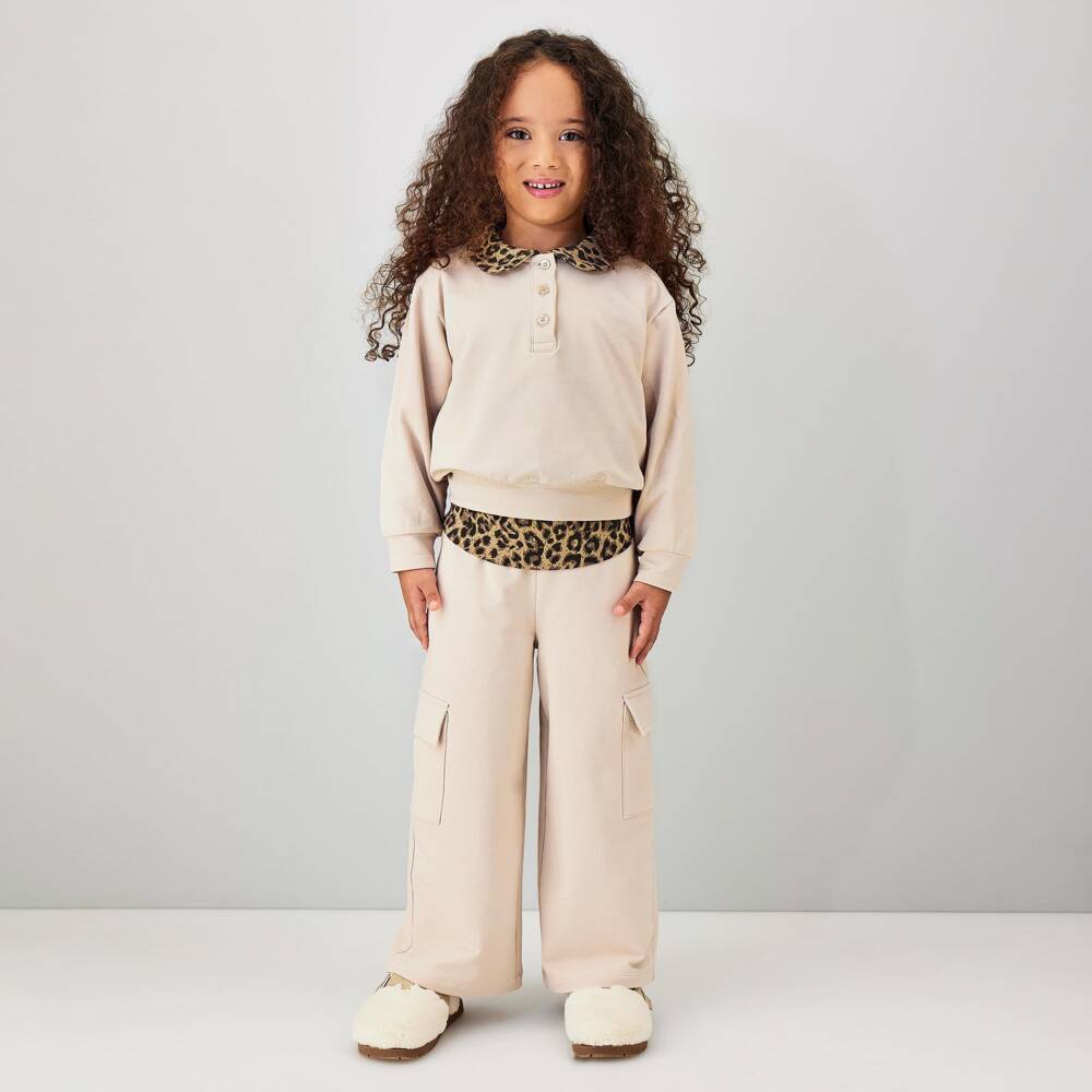 iDO-Girls Beige & Leopard Print Wide-leg Cargo Joggers | Childrensalon