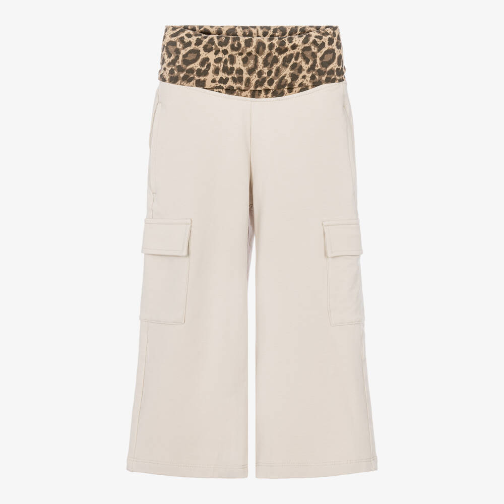 iDO-Girls Beige & Leopard Print Wide-leg Cargo Joggers | Childrensalon