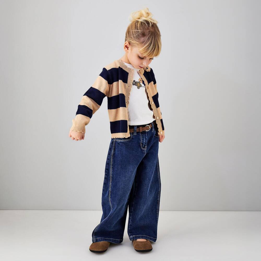 iDO-Girls Beige & Navy Blue Striped Cardigan | Childrensalon