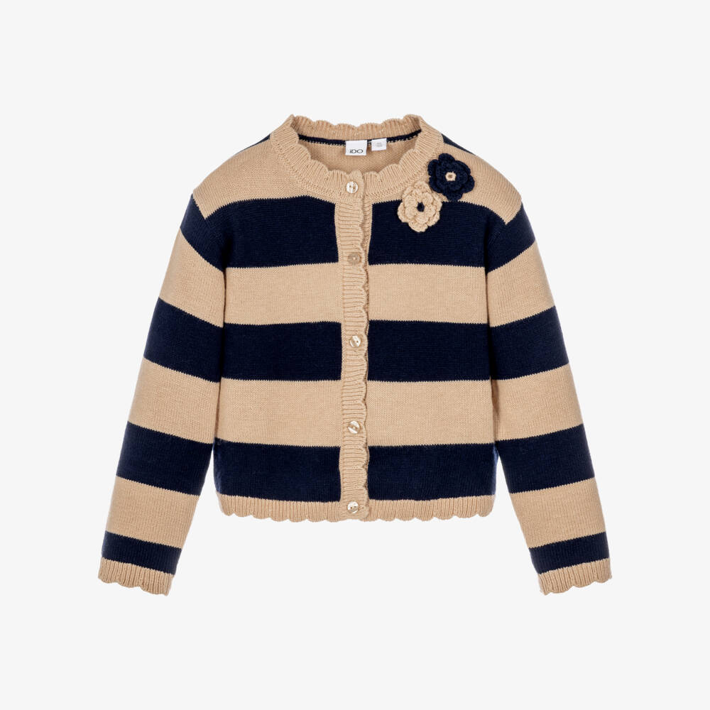 iDO-Girls Beige & Navy Blue Striped Cardigan | Childrensalon