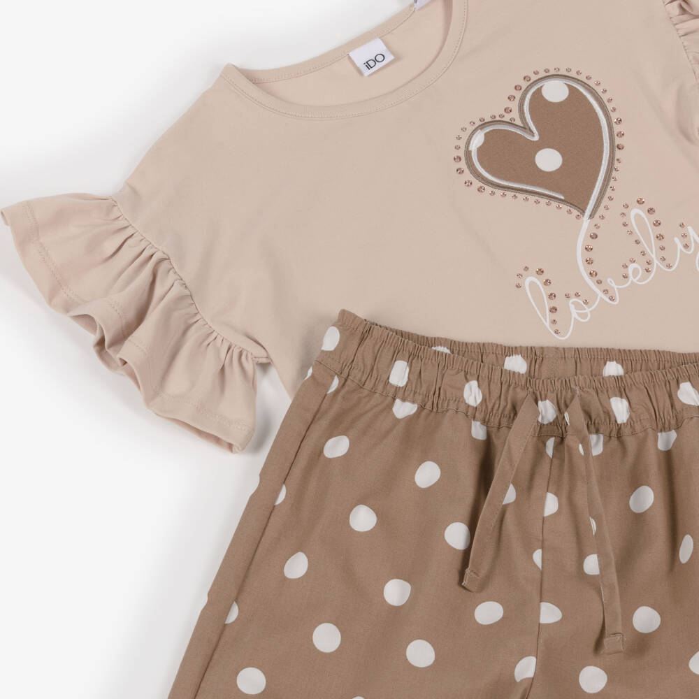 iDO-Girls Beige Polka Dot Trouser Set | Childrensalon