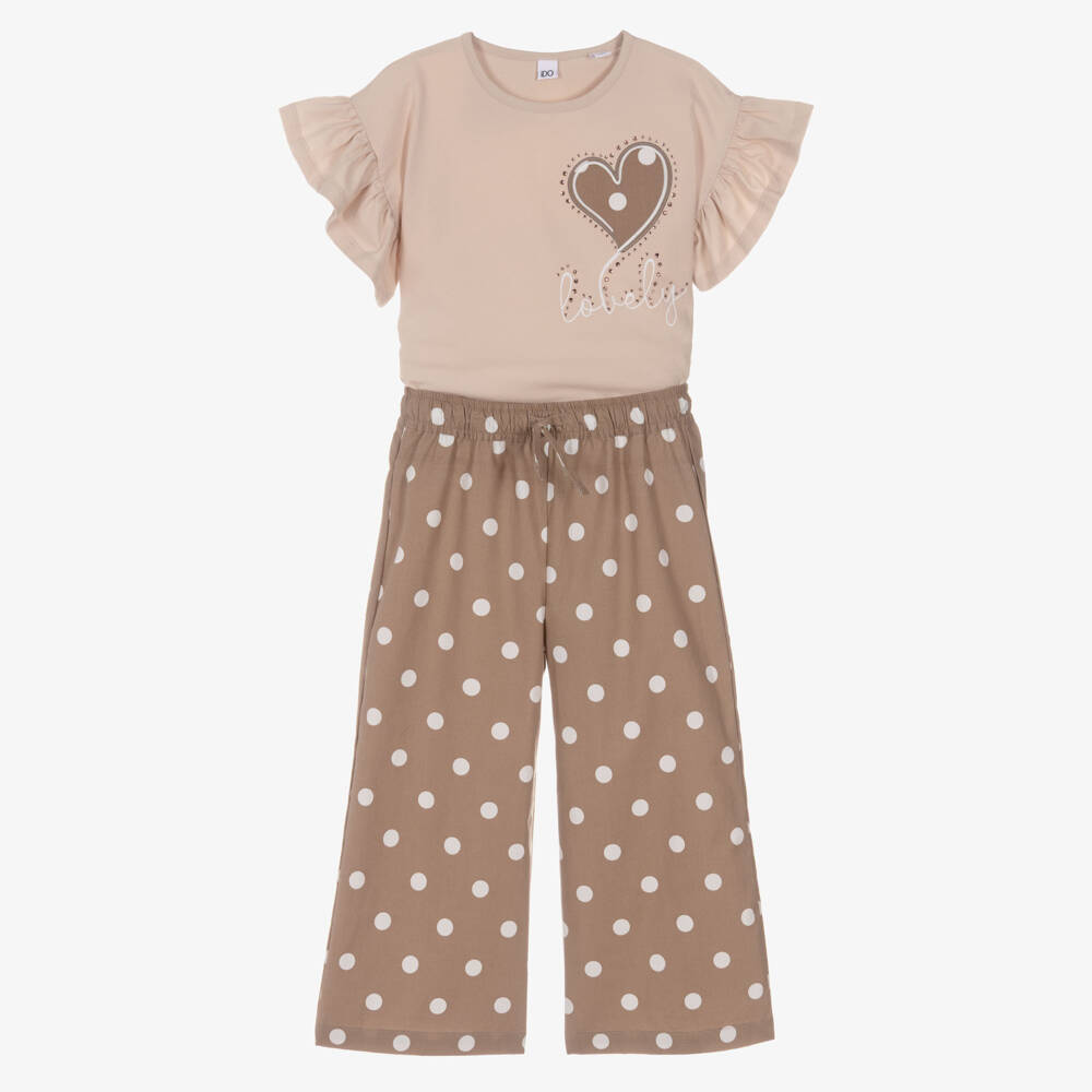 iDO-طقم بنطلون مزين بنقاط بولكا لون بيج للبنات | Childrensalon