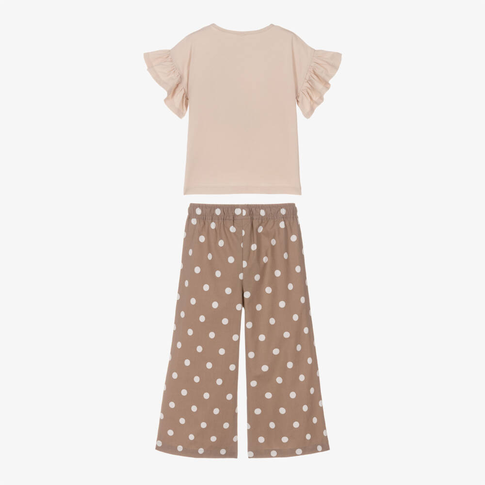 iDO-Girls Beige Polka Dot Trouser Set | Childrensalon