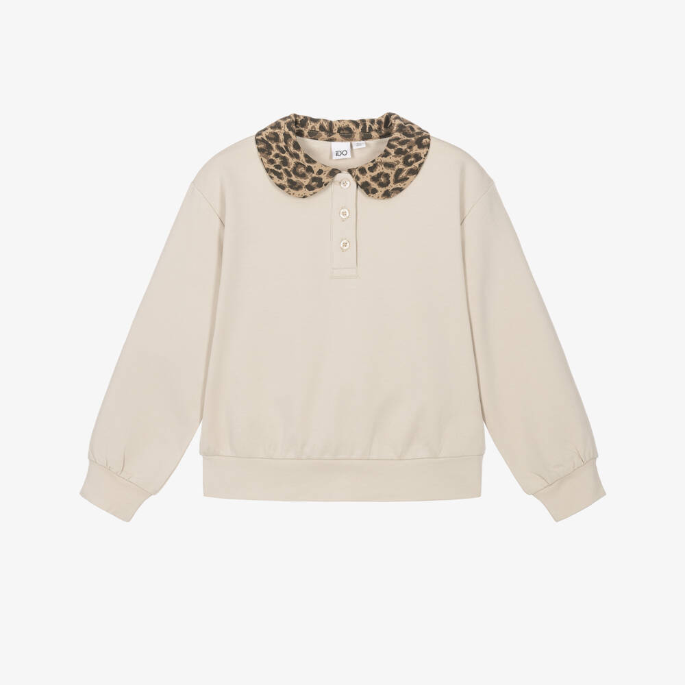 iDO-Girls Beige Polo Sweatshirt with Leopard Print Collar | Childrensalon