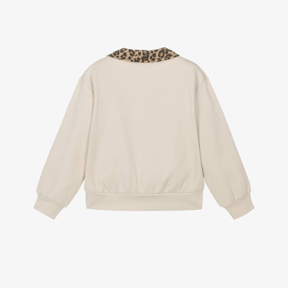 iDO-Girls Beige Polo Sweatshirt with Leopard Print Collar | Childrensalon