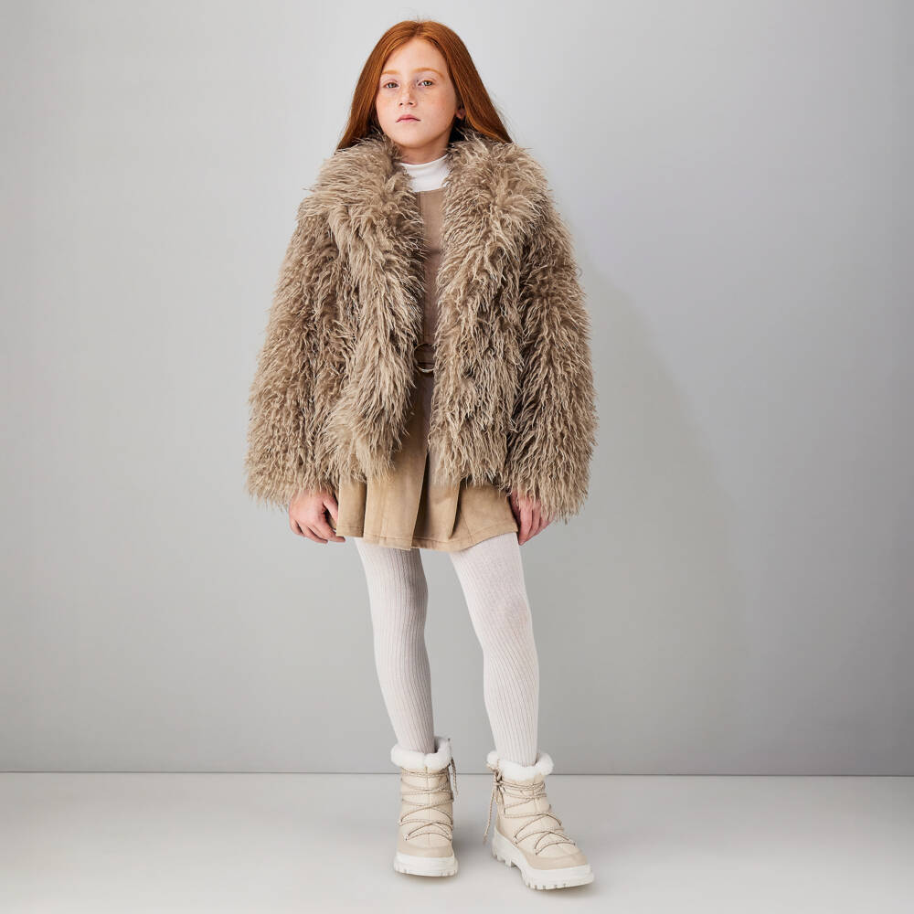 iDO-Girls Beige Shaggy Faux Fur Jacket | Childrensalon