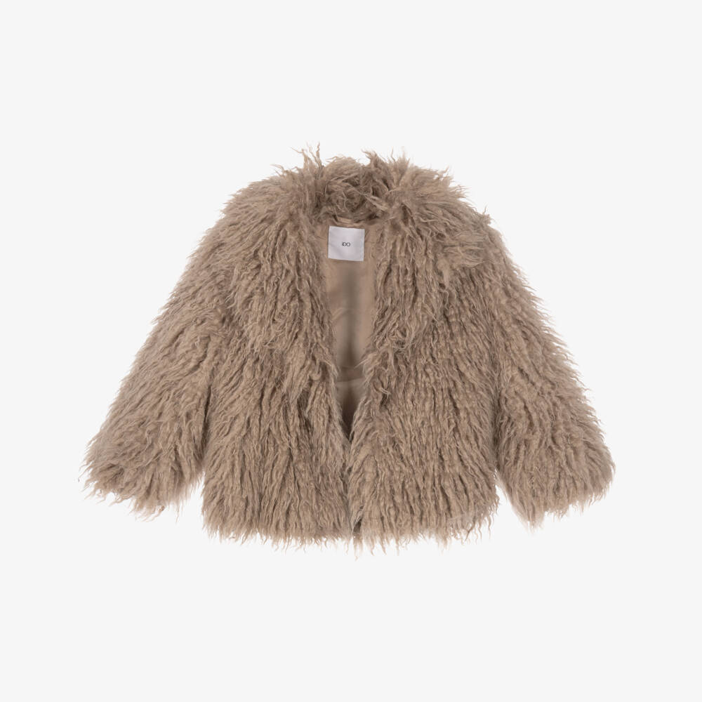iDO-Girls Beige Shaggy Faux Fur Jacket | Childrensalon